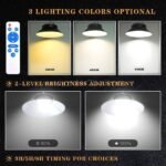 Outdoor solar pendant light with 3000K/4500K/6000K color temps, brightness levels, and timer controls.