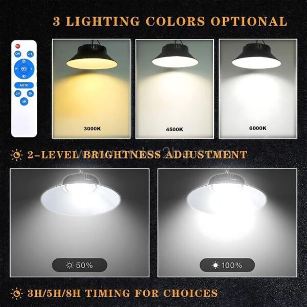 Outdoor solar pendant light with 3000K/4500K/6000K color temps, brightness levels, and timer controls.