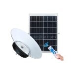 Outdoor solar pendant light with wireless remote for brightness, timer, and color adjustments.