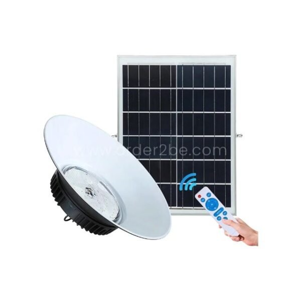 Outdoor solar pendant light with wireless remote for brightness, timer, and color adjustments.