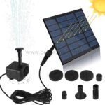 Complete solar-powered water fountain kit with compact panel, pump, and interchangeable nozzles for tailored water displays.