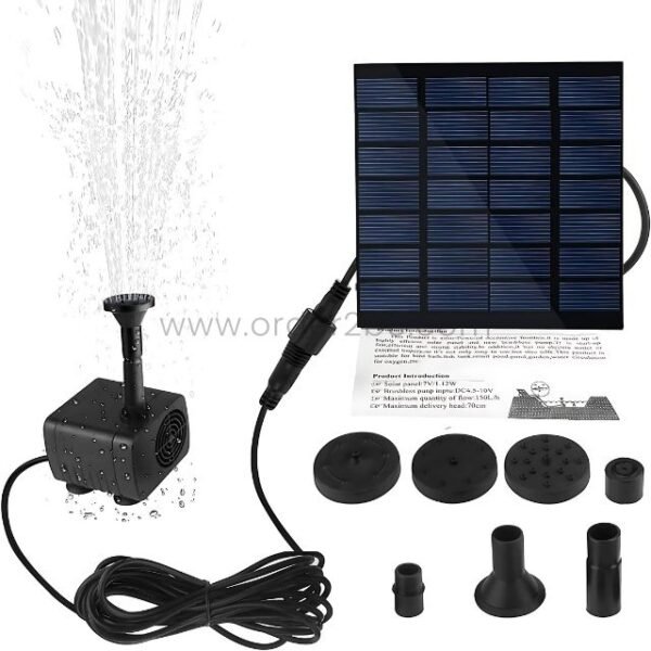 Solar-powered water fountain kit shown with nozzles, solar panel, cable, and live spray display in action.