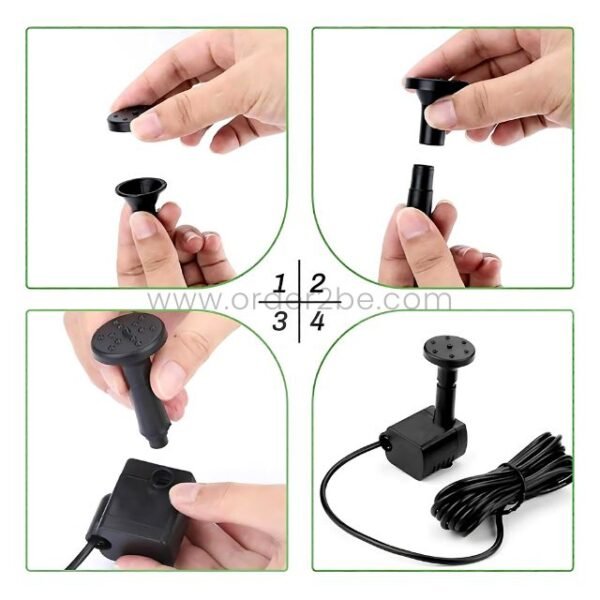 Visual guide showing how to assemble the solar-powered water fountain nozzle system step by step.