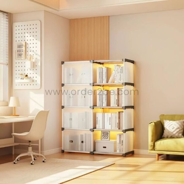 Stackable 8-shelf cabinet filled with books, storage boxes, and decorative items, demonstrating its versatility in a bright, organized home office.