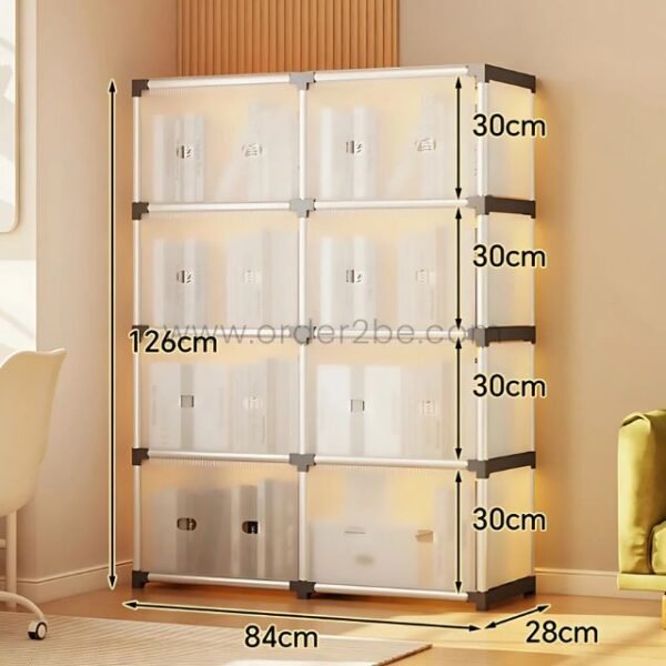 Stackable 8-shelf cabinet with labeled dimensions, showing a height of 126 cm, width of 84 cm, depth of 28 cm, and shelf spacing of 30 cm.