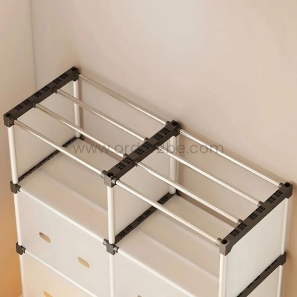 Close-up of the stackable 8-shelf cabinet’s modular design, highlighting its sturdy construction and clean, minimalist aesthetic.