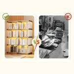 Comparison image showing the stackable 8-shelf cabinet neatly organizing books and items versus a cluttered floor with scattered papers and books.