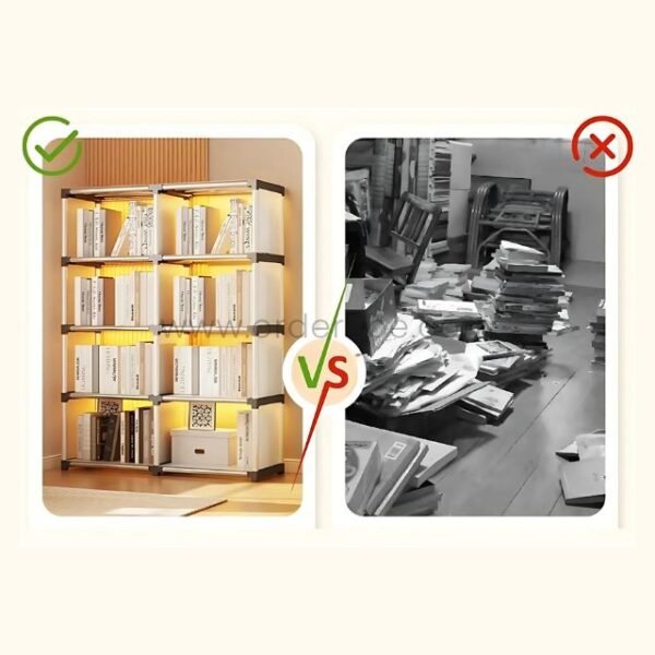 Comparison image showing the stackable 8-shelf cabinet neatly organizing books and items versus a cluttered floor with scattered papers and books.