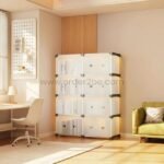 Stackable 8-shelf cabinet with built-in lighting, placed in a cozy home office setup featuring a desk, chair, and soft ambient lighting.
