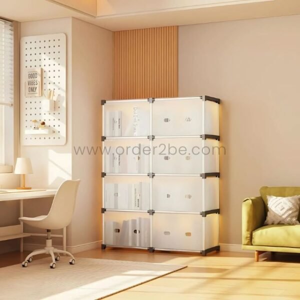 Stackable 8-shelf cabinet with built-in lighting, placed in a cozy home office setup featuring a desk, chair, and soft ambient lighting.