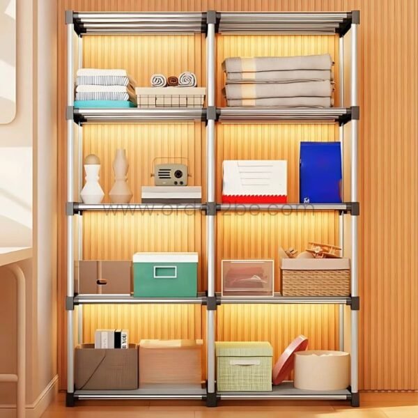 Stackable 8-shelf cabinet used as a closet organizer in a bedroom, holding folded clothes, baskets, and other essentials.