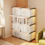 Stackable 8-shelf cabinet showcasing an adjustable shelf angle featurefor better visibility and accessibility.
