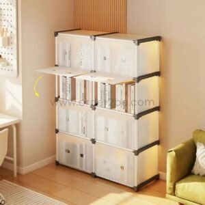 Stackable 8-Shelf Cabinet with Storage Bins – Tool-Free Modular Organizer for Clothes, Books & Toys