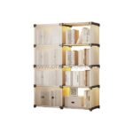 Stackable 8-shelf cabinet with user-installed LED lighting illuminating books and storage boxes on every shelf.