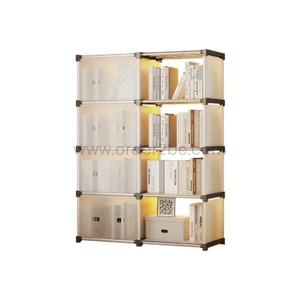 Stackable 8-shelf cabinet with user-installed LED lighting illuminating books and storage boxes on every shelf.