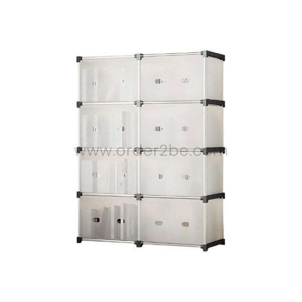 Stackable 8-shelf cabinet in a minimalist design, featuring transparent panels and sleek metal frames.