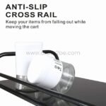 Close-up of anti-slip cross bar on portable multi-shelf storage rack, securing cups during movement.