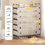Transparent multi-tier shoe cabinet with labeled zones for boots, heels, kids' shoes, and more.