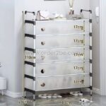 Transparent multi-tier shoe cabinet with labeled dimensions: 110 cm height, 83 cm width, 17 cm drawer depth.