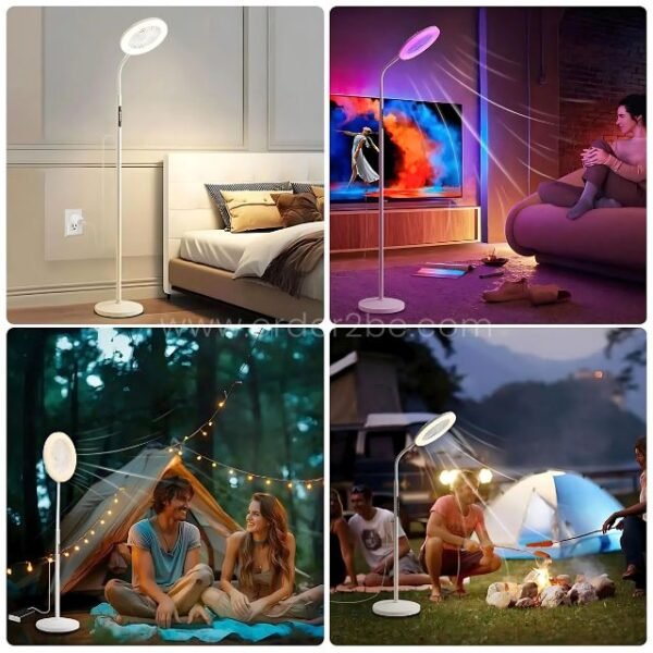 Flexible fan floor light in bedrooms, living rooms, and outdoors.