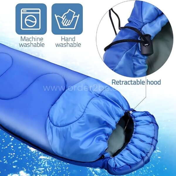 Blue portable sleeping bag with retractable hood and waterproof icons; compatible with machine or hand washing.