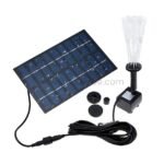 Full solar-powered water fountain kit with solar panel, pump, nozzles, and cable for outdoor setup.