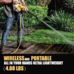 Man cleaning a deck with the cordless pressure washer, emphasizing wireless mobility.