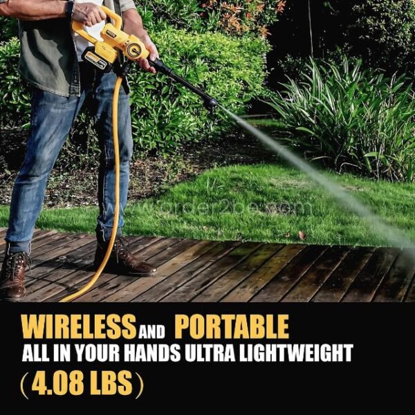 Man cleaning a deck with the cordless pressure washer, emphasizing wireless mobility.