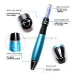An exploded-view diagram of the Dr. Pen A1 Ultima showcasing its 5-speed motor, steel needles, and easy-to-disassemble parts.