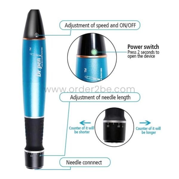 A close-up diagram pointing to the one-touch power button and the rotating needle depth adjustment dial on the Dr. Pen A1 Ultima.