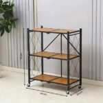 3-tier storage rack with wood shelves, 75 cm tall, 60 cm wide, and 34 cm deep, labeled with dimensions.