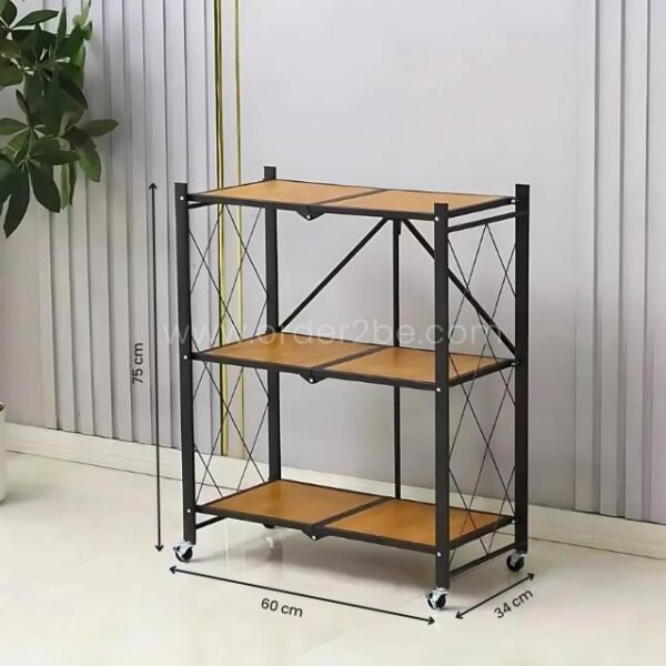 3-tier storage rack with wood shelves, 75 cm tall, 60 cm wide, and 34 cm deep, labeled with dimensions.