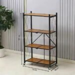 4-tier storage rack with wood shelves, 125 cm high, 72 cm wide, 34 cm deep, displayed in a modern room.
