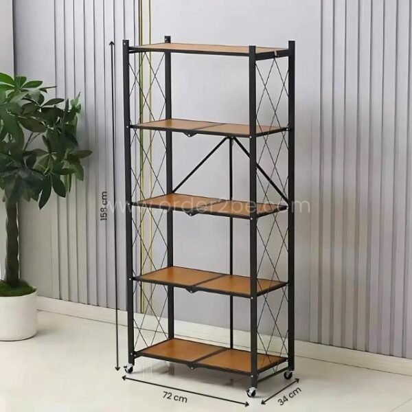 5-tier storage rack with wooden shelves, 158 cm tall, 72 cm wide, and 34 cm deep, against a gray wall.