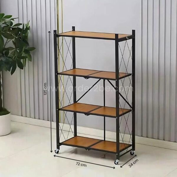 4-tier storage rack with wood shelves, 125 cm high, 72 cm wide, 34 cm deep, displayed in a modern room.