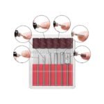 Transparent case with six metal bits and sanding bands, demonstrating filing, shaping, buffing, and cuticle trimming.