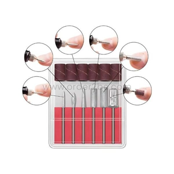 Transparent case with six metal bits and sanding bands, demonstrating filing, shaping, buffing, and cuticle trimming.