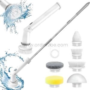 6-in-1 electric spin scrubber with rotating brush head and six interchangeable cleaning attachments.