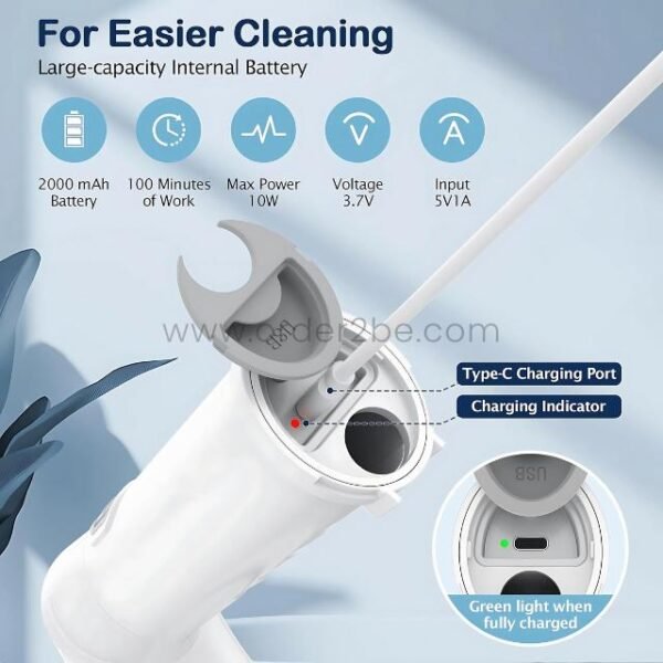 Close-up of 6-in-1 electric spin scrubber showing Type-C charging port and green LED indicator.