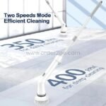 6-in-1 electric spin scrubber on tiled floor showing two speed modes: 350 RPM for daily use and 400 RPM for deep cleaning.