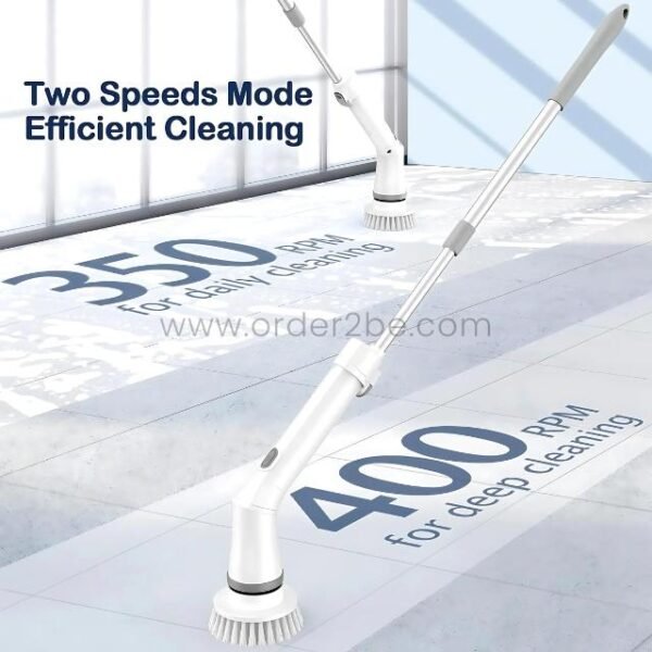 6-in-1 electric spin scrubber on tiled floor showing two speed modes: 350 RPM for daily use and 400 RPM for deep cleaning.