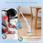 Woman using 6-in-1 electric spin scrubber standing upright versus kneeling while cleaning manually.