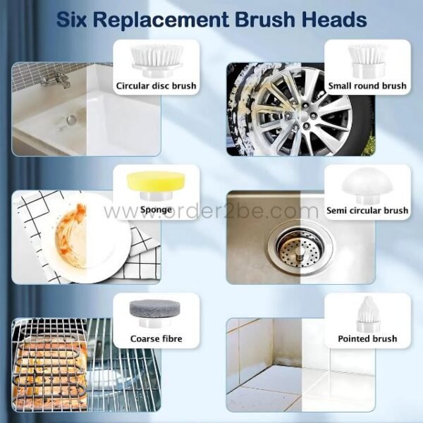 Six replacement brush heads for 6-in-1 electric spin scrubber shown with use cases: sink, car wheel, plate, drain, oven rack, and tile corner.