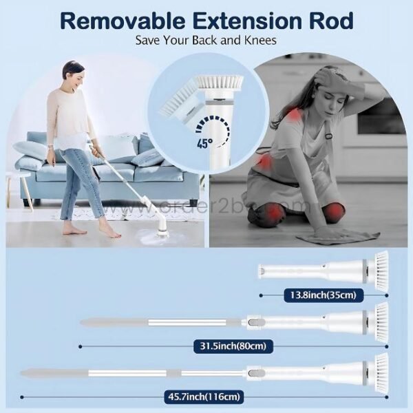 6-in-1 electric spin scrubber with adjustable extension rod shown at three lengths: 13.8", 31.5", and 45.7".