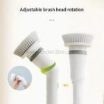 6-in-1 electric spin scrubber brush head shown rotating 45 degrees for angled cleaning.