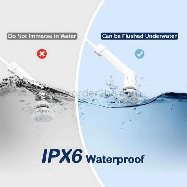 6-in-1 electric spin scrubber shown being flushed underwater (allowed) vs. fully immersed (not allowed), highlighting IPX6 waterproof rating.
