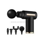 Black mini fascia massage gun with four interchangeable heads on white background.