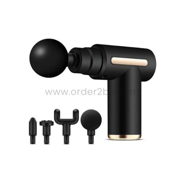 Black mini fascia massage gun with four interchangeable heads on white background.