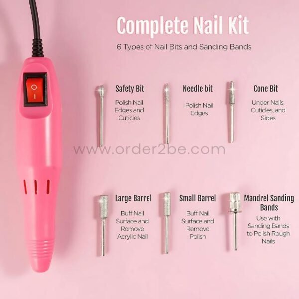 Pink electric nail drill with six metal bits and sanding bands labeled: safety, needle, cone, large barrel, small barrel, and mandrel.