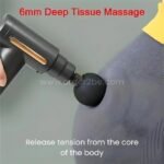 Close-up of portable fascial massage gun delivering 6mm deep tissue massage on leg muscle.